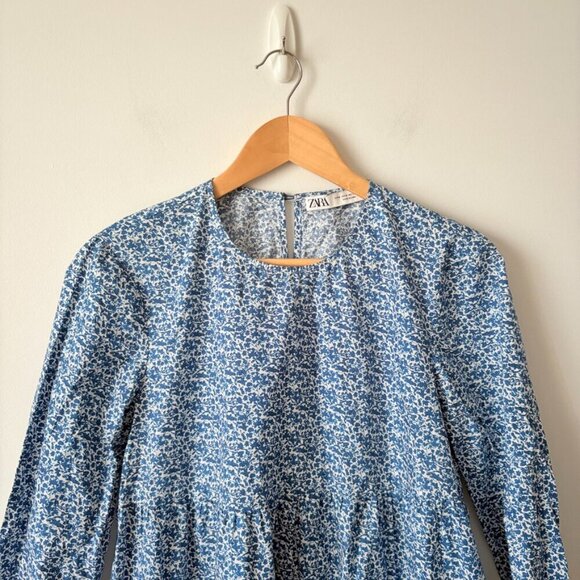Zara Babydoll Tiered Floral Cotton Mini Dress Blue Size Medium - Picture 7 of 10